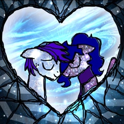 Size: 900x900 | Tagged: artist needed, safe, imported from derpibooru, oc, oc:dew blue, oc:yanel love, earth pony, pegasus, pony, bust, clothes, eyes closed, female, heart, love, male, mare, oc x oc, portrait, scarf, shipping, smiling, stallion