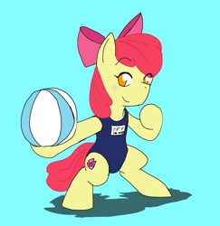 Size: 1989x2048 | Tagged: safe, artist:omegapony16, imported from derpibooru, apple bloom, earth pony, pony, beach ball, bipedal, bow, clothes, cutie mark, eye clipping through hair, female, filly, hair bow, one-piece swimsuit, school swimsuit, smiling, solo, sukumizu, swimsuit, the cmc's cutie marks