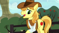 Size: 1024x574 | Tagged: safe, imported from derpibooru, screencap, braeburn, earth pony, pony, appleoosa's most wanted, bandage, broken bone, broken hoof, male, solo, stallion