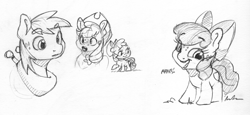 Size: 2371x1087 | Tagged: safe, artist:dilarus, deleted from derpibooru, imported from derpibooru, apple bloom, applejack, big macintosh, earth pony, pony, apple, apple bloom's bow, applejack's hat, bow, cowboy hat, dialogue, female, filly, freckles, hair bow, hat, horse collar, male, mare, monochrome, simple background, stallion, that pony sure does love apples, traditional art, white background