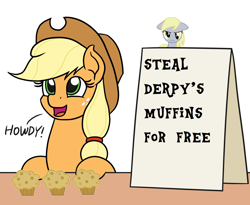 Size: 1100x900 | Tagged: safe, artist:mkogwheel edits, edit, imported from derpibooru, applejack, derpy hooves, pony, angry, applejack's sign, female, food, meme, muffin, solo