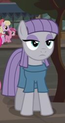 Size: 417x785 | Tagged: safe, imported from derpibooru, screencap, luckette, maud pie, ruby pinch, earth pony, pony, unicorn, the gift of the maud pie, background pony, cropped, female, filly, lidded eyes, mare, maud being maud, maud pie may or may not be amused, solo focus