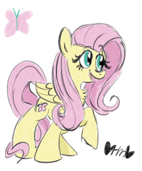 Size: 666x800 | Tagged: safe, artist:mirabuncupcakes15, imported from derpibooru, fluttershy, pegasus, pony, chest fluff, cute, female, folded wings, looking away, mare, medibang paint, open mouth, raised hoof, shyabetes, signature, simple background, smiling, solo, white background, wings