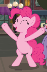 Size: 566x872 | Tagged: safe, imported from derpibooru, screencap, pinkie pie, earth pony, pony, the gift of the maud pie, bipedal, cropped, eyes closed, female, hooves in air, mare, offscreen character, open mouth, smiling, solo, underhoof