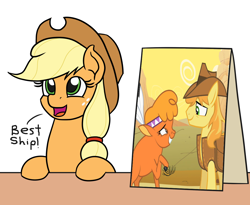 Size: 1100x900 | Tagged: safe, artist:mkogwheel edits, edit, imported from derpibooru, screencap, applejack, braeburn, little strongheart, buffalo, earth pony, pony, over a barrel, applejack the shipper, applejack's sign, best ship, braeheart, female, male, shipper on deck, shipping, straight