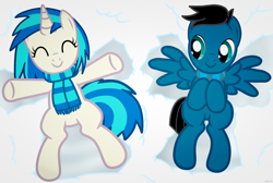 Size: 4925x3300 | Tagged: safe, artist:agkandphotomaker2000, imported from derpibooru, dj pon-3, vinyl scratch, oc, oc:pony video maker, pegasus, pony, unicorn, canon x oc, clothes, scarf, simple background, snow, snow angel, videoscratch, white background, wings