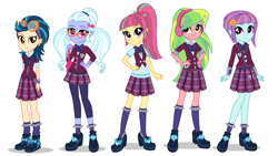 Size: 1455x819 | Tagged: safe, imported from derpibooru, indigo zap, lemon zest, sour sweet, sugarcoat, sunny flare, equestria girls, friendship games, bag, bowtie, clothes, crystal prep academy, crystal prep academy uniform, crystal prep shadowbolts, female, glasses, goggles, hand on hip, headphones, looking at you, plaid skirt, school uniform, shadow five, shoes, simple background, skirt, smiling, socks, white background