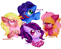 Size: 997x801 | Tagged: safe, artist:blumydia, artist:naezithania, imported from derpibooru, oc, oc only, oc:alea, oc:aville, oc:florie, oc:sugarcute, pony, base used, female, heart, heart pillow, mare, mouth hold, pillow, simple background, transparent background