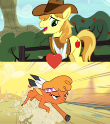 Size: 1024x1152 | Tagged: safe, edit, edited screencap, imported from derpibooru, screencap, braeburn, little strongheart, buffalo, earth pony, pony, appleoosa's most wanted, over a barrel, braeheart, clothes, female, male, shipping, shipping domino, stallion, straight