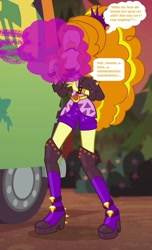 Size: 508x838 | Tagged: safe, edit, edited screencap, editor:thomasfan45, imported from derpibooru, screencap, adagio dazzle, human, equestria girls, equestria girls series, sunset's backstage pass!, spoiler:eqg series (season 2), 1000 hours in ms paint, adoragio, boots, bush, clothes, cropped, cute, description is relevant, disguise, disguised siren, female, forest, gas, happy, headband, implied sonata dusk, jacket, laughing, laughing gas, offscreen character, open mouth, outdoors, shoes, smiling, smoke cloud, solo, speech bubble, spiked headband, spiked wristband, spray, starswirl music festival, story included, thought bubble, tour bus, wristband