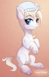 Size: 559x881 | Tagged: safe, artist:a-lunar-eclipse, imported from derpibooru, oc, oc:lunar eclipse, unicorn, beanie, eclipse, hat, heterochromia, lunar, white