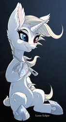 Size: 600x1107 | Tagged: safe, artist:a-lunar-eclipse, imported from derpibooru, oc, oc only, unicorn, eclipse, heterochromia, hoof shoes, lunar, needle, simple background, sitting, solo, white