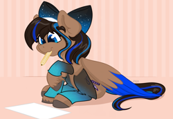 Size: 1280x880 | Tagged: safe, artist:cadetredshirt, imported from derpibooru, oc, oc only, oc:blueberry parfait, oc:danipie, pegasus, pony, bow, clothes, fetlock tuft, hair bow, mouth hold, pencil, simple background, solo, stockings, thigh highs, unshorn fetlocks, wings