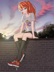 Size: 2560x3413 | Tagged: safe, artist:amarthgul, imported from derpibooru, sunset shimmer, twilight sparkle, human, anime, beautiful, big crown thingy, brick wall, clothes, element of magic, female, high res, humanized, jewelry, legs, long socks, miniskirt, pleated skirt, ponytail, regalia, schrödinger's pantsu, shoes, sitting, skirt, smiling, sneakers, socks, solo, tree