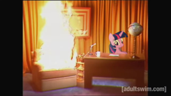 Size: 640x360 | Tagged: safe, deleted from derpibooru, edit, editor:deleted user, imported from derpibooru, twilight sparkle, alicorn, pony, adult swim, chair, female, fire, globe, irl, mare, photo, ponies in real life, ponified, sitting, solo, the eric andre show, this will end in death, this will end in tears, this will end in tears and/or death, twilight sparkle (alicorn)