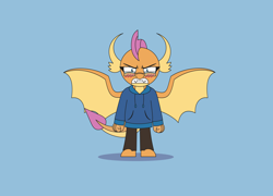 Size: 2870x2068 | Tagged: safe, alternate version, artist:gd_inuk, imported from derpibooru, smolder, dragon, angry, blue background, blushing, clenched fist, clenched teeth, clothes, dragoness, egghead, female, glasses, gritted teeth, high res, hoodie, humiliated, imminent rage, looking at you, pants, shrunken pupils, simple background, smolder is not amused, smoldere, solo, standing, tsundere, unamused, urge to kill rising