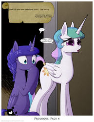 Size: 1200x1552 | Tagged: safe, artist:deusexequus, imported from derpibooru, princess celestia, princess luna, alicorn, pony, comic:fix, alternate hairstyle, comic, implied twilight sparkle, royal sisters, speech bubble, tail wrap