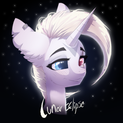 Size: 666x666 | Tagged: safe, artist:a-lunar-eclipse, imported from derpibooru, oc, oc:lunar eclipse, unicorn, eclipse, heterochromia, lunar, moon, white