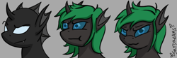 Size: 600x200 | Tagged: safe, artist:skydreams, imported from derpibooru, oc, oc only, oc:pincer, changeling, :3, :t, changeling oc, changeling proto-queen, commission, emoji, emotes, glare, smiling, smirk