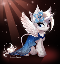 Size: 794x856 | Tagged: safe, artist:a lunar eclipse, artist:a-lunar-eclipse, imported from derpibooru, oc, oc:lunar eclipse, alicorn, unicorn, blue dress, clothes, dress, eclipse, flower, flower in hair, heterochromia, leonine tail, lunar, mouth hold, solo, white