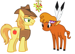 Size: 2027x1455 | Tagged: safe, edit, imported from derpibooru, braeburn, little strongheart, buffalo, earth pony, pony, braeheart, christmas, female, holiday, interspecies, male, mistleholly, shipping, simple background, straight, white background