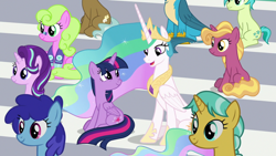 Size: 1920x1080 | Tagged: safe, imported from derpibooru, screencap, citrine spark, daisy, fire quacker, flower wishes, gallus, princess celestia, sandbar, starlight glimmer, twilight sparkle, alicorn, 2 4 6 greaaat, twilight sparkle (alicorn)