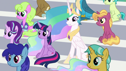 Size: 1920x1080 | Tagged: safe, imported from derpibooru, screencap, citrine spark, clever musings, cloudburst, daisy, fire flicker, fire quacker, flower wishes, gallus, princess celestia, sandbar, starlight glimmer, twilight sparkle, alicorn, 2 4 6 greaaat, friendship student, twilight sparkle (alicorn)