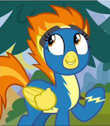 Size: 824x941 | Tagged: safe, imported from derpibooru, screencap, spitfire, pegasus, pony, newbie dash, clothes, cropped, cute, cutefire, female, looking up, mare, raised hoof, smiling, solo, uniform, wonderbolts uniform