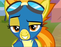 Size: 1206x940 | Tagged: safe, imported from derpibooru, screencap, spitfire, pegasus, pony, newbie dash, bedroom eyes, close-up, clothes, cropped, dreamworks face, female, grin, lidded eyes, looking at you, mare, raised eyebrow, seductive look, sexy, shit eating grin, smiling, smug, solo, stupid sexy spitfire, uniform, wonderbolts uniform