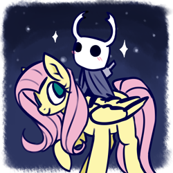 Size: 3200x3200 | Tagged: safe, alternate version, artist:taika403, imported from derpibooru, fluttershy, pegasus, pony, blushing, duo, hollow knight, night, riding, riding a pony