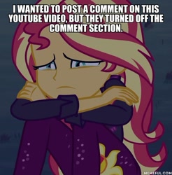 Size: 600x609 | Tagged: safe, edit, edited screencap, imported from derpibooru, screencap, sunset shimmer, equestria girls, equestria girls series, sunset's backstage pass!, spoiler:eqg series (season 2), caption, coppa, cropped, crying, drama, female, image macro, in-universe pegasister, meme, memeful.com, op has a point, sad, solo, text, youtube drama, youtube kids shit