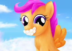 Size: 3508x2480 | Tagged: safe, artist:joycat, imported from derpibooru, scootaloo, pony, cloud, cute, female, food, gentlemen, marshmallow, solo