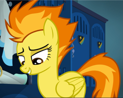 Size: 1177x941 | Tagged: safe, imported from derpibooru, screencap, spitfire, pegasus, pony, top bolt, cropped, cute, cutefire, female, lidded eyes, mare, smiling, solo