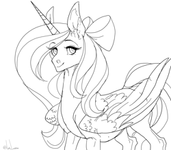 Size: 1600x1400 | Tagged: safe, artist:lady-lorienn, imported from derpibooru, oc, oc:fleurbelle, alicorn, alicorn oc, bow, female, hair bow, horn, long eyelashes, looking at you, majestic, mare, sketch, sweet