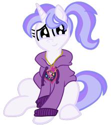 Size: 1000x1127 | Tagged: safe, artist:kawaiioctopii, imported from derpibooru, oc, oc:estelle, pony, unicorn, clothes, female, happy, hoodie, jewelry, mare, necklace, school of friendship, simple background, sitting, solo, teenager, transparent background