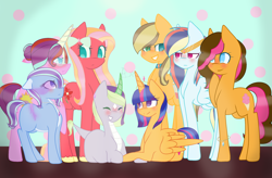 Size: 2858x1872 | Tagged: safe, artist:coconutowl, artist:princessalisalight, imported from derpibooru, oc, oc:apple juice, oc:blue melody, oc:cotton candy, oc:diamond sky, oc:magical sun, oc:princess stella sparkle, oc:rainbow rising, oc:shy flower, alicorn, dracony, hybrid, pony, alicorn oc, blank flank, bow, bracelet, choker, colored hooves, colored horn, cutie mark, earth pony oc, female, glasses, hair bow, horn, interspecies offspring, jewelry, magical lesbian spawn, multicolored hair, next generation, offspring, parent:applejack, parent:big macintosh, parent:caramel, parent:cheese sandwich, parent:flash sentry, parent:fluttershy, parent:pinkie pie, parent:rainbow dash, parent:rarity, parent:soarin', parent:spike, parent:starlight glimmer, parent:sunburst, parent:trixie, parent:twilight sparkle, parents:carajack, parents:cheesepie, parents:flashlight, parents:fluttermac, parents:soarindash, parents:sparity, parents:starburst, parents:startrix, pegasus oc, polka dot background, siblings, sisters, striped mane, tiara, two toned mane, unicorn oc