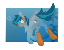 Size: 1307x1027 | Tagged: safe, artist:tangomangoes, imported from derpibooru, oc, oc only, oc:storm feather, pegasus, pony, air bubble, blue eyes, bubble, chest fluff, crossover, dive mask, diving, flippers (gear), kelp, looking at you, looking back, looking back at you, male, out of frame, pegasus oc, solo, stallion, subnautica, tail, transparent wings, two toned mane, two toned tail, underwater, video game crossover, water, wings