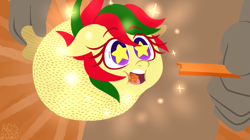 Size: 1175x658 | Tagged: safe, artist:alittleofsomething, deleted from derpibooru, imported from derpibooru, oc, oc:attraction, fish, pony, puffer fish, carrot, food, meme, ponified animal photo, puffer fish eating carrot, solo, species swap, starry eyes, wingding eyes