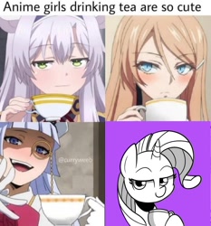 Size: 954x1022 | Tagged: safe, artist:handgunboi, imported from derpibooru, rarity, akashic records of bastard magic instructor, akuma no riddle, anime, anime girls, cup, food, meme, my hero academia, riddle story of devil, tea