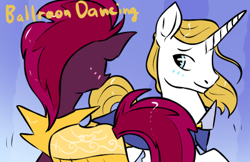 Size: 400x259 | Tagged: safe, artist:tempestintheponyvile, imported from derpibooru, fizzlepop berrytwist, prince blueblood, tempest shadow, ballroom dancing, berryblood, female, male, shipping, straight