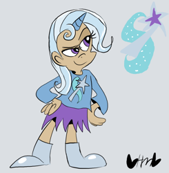 Size: 784x800 | Tagged: safe, artist:mirabuncupcakes15, imported from derpibooru, trixie, human, boots, clothes, cute, dark skin, female, gray background, humanized, shirt, shoes, simple background, skirt, solo