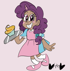 Size: 784x800 | Tagged: safe, artist:mirabuncupcakes15, imported from derpibooru, sugar belle, human, apron, blushing, clothes, cupcake, dark skin, dress, female, food, grin, horn, horned humanization, humanized, mary janes, pink background, simple background, smiling, socks, solo, tray