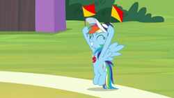 Size: 1920x1080 | Tagged: safe, imported from derpibooru, screencap, rainbow dash, pegasus, pony, 2 4 6 greaaat, cap, coach rainbow dash, eyes closed, female, hat, mare, rainbow dashs coaching whistle, solo, spread wings, whistle, whistle necklace, wings