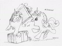 Size: 1874x1418 | Tagged: safe, artist:dilarus, deleted from derpibooru, imported from derpibooru, sweetie belle, twilight sparkle, pony, unicorn, comic:sweetie belle—master of twilights, comic:the many faces of twilight sparkle, box, cutie mark, female, filly, glowing horn, horn, magic, monochrome, not salmon, onomatopoeia, pony in a box, present, simple background, species swap, squeaky belle, telekinesis, the cmc's cutie marks, traditional art, wat, white background