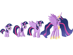 Size: 1024x768 | Tagged: safe, imported from derpibooru, twilight sparkle, alicorn, pony, unicorn, the last problem, age progression, comparison, female, filly, filly twilight sparkle, foal, horn, mare, older, older twilight, older twilight sparkle (alicorn), princess twilight 2.0, simple background, smiling, twilight sparkle (alicorn), unicorn twilight, white background, wings, younger