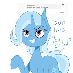 Size: 640x640 | Tagged: artist needed, safe, imported from derpibooru, trixie, pony, unicorn, female, implied gay, implied lesbian, mare, raised hoof, simple background, solo, white background