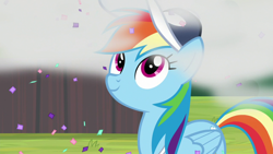 Size: 1920x1080 | Tagged: safe, imported from derpibooru, screencap, rainbow dash, pegasus, pony, 2 4 6 greaaat, coach rainbow dash, confetti, female, mare, smiling, solo