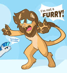 Size: 660x726 | Tagged: safe, artist:aviivix, imported from derpibooru, oc, oc only, oc:saberspark, anthro, big cat, digitigrade anthro, earth pony, lion, pony, blatant lies, duo, earth pony oc, frown, furry, male, paw pads, paws, stallion, thought bubble, unamused, underpaw