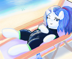 Size: 1117x920 | Tagged: safe, artist:legionsunite, imported from derpibooru, oc, oc only, oc:magenta pulse, pony, unicorn, beach, beach chair, chair, lounge chair, solo, wetsuit