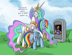 Size: 1170x900 | Tagged: safe, artist:php58, artist:ponykillerx, artist:superedit, deleted from derpibooru, edit, imported from derpibooru, princess celestia, rainbow dash, alicorn, human, pegasus, pony, background pony strikes again, celestia's grave meme, crying, dear lord have you no shame?!?, death, exploitable meme, female, fuck you op, grave, irl, irl human, kobe bryant, mare, meme, op is a duck, op is satan, op needs mental help, op please no more, photo, too soon